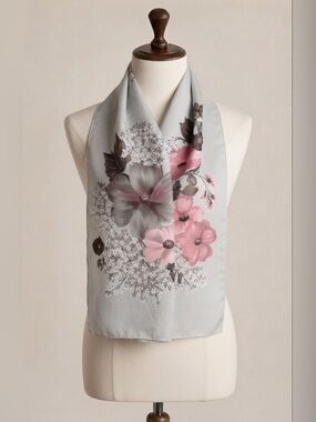 Monique Martin Vintage Floral Scarf - Pink & Gray Long Neck Scarf